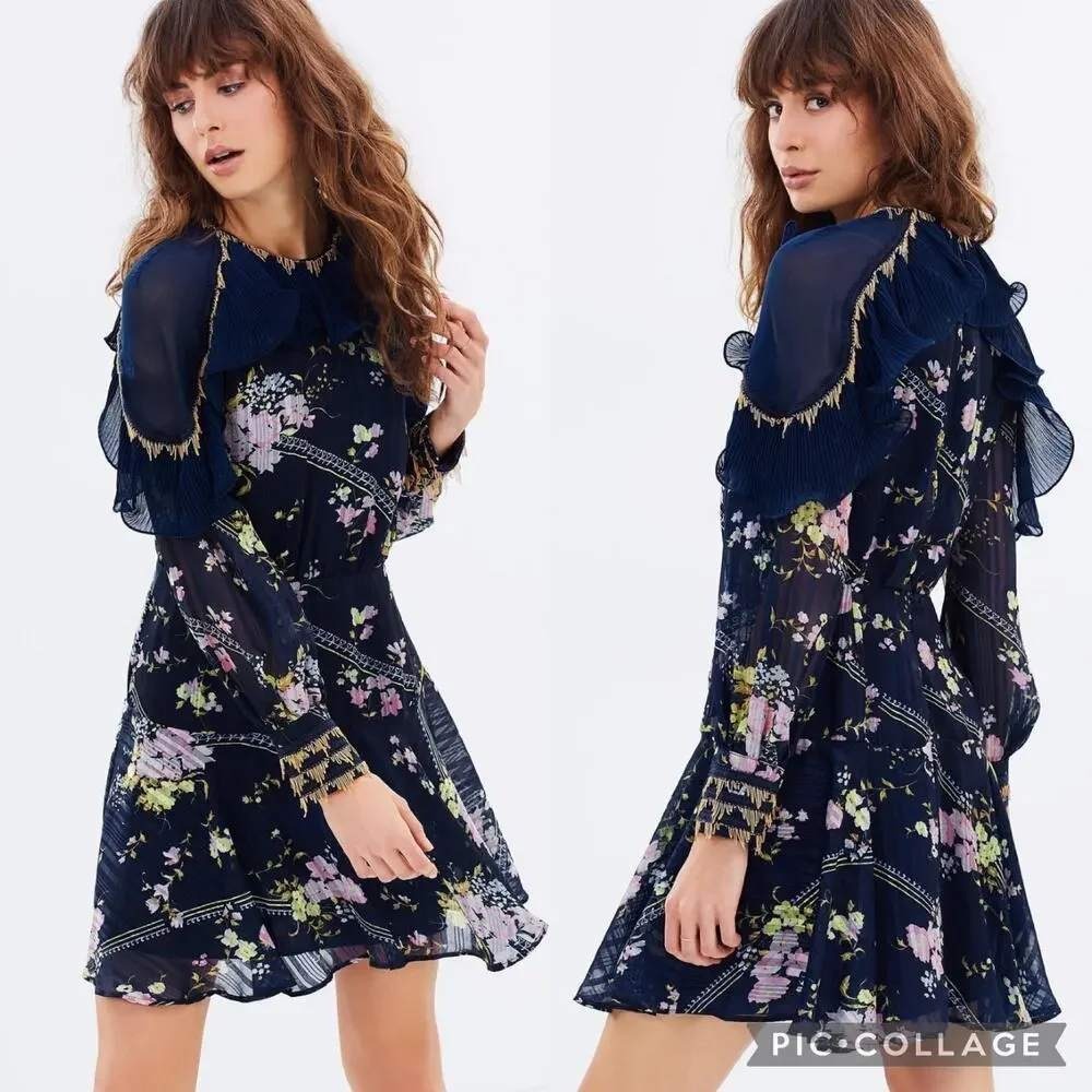 La Maison Talulah Coco Long Sleeve Mini Dress Size M Navy Floral Ruffle Pleated